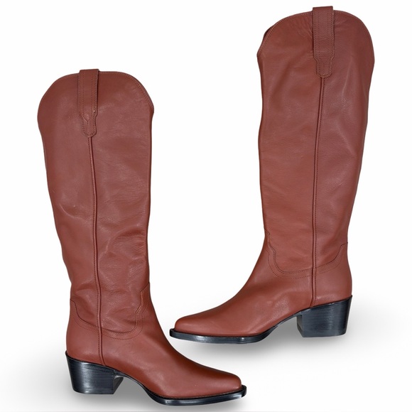 Quince Italian Leather Tall Western Boots in Saddle Brown Size 9 LIKE NEW - Picture 7 of 15